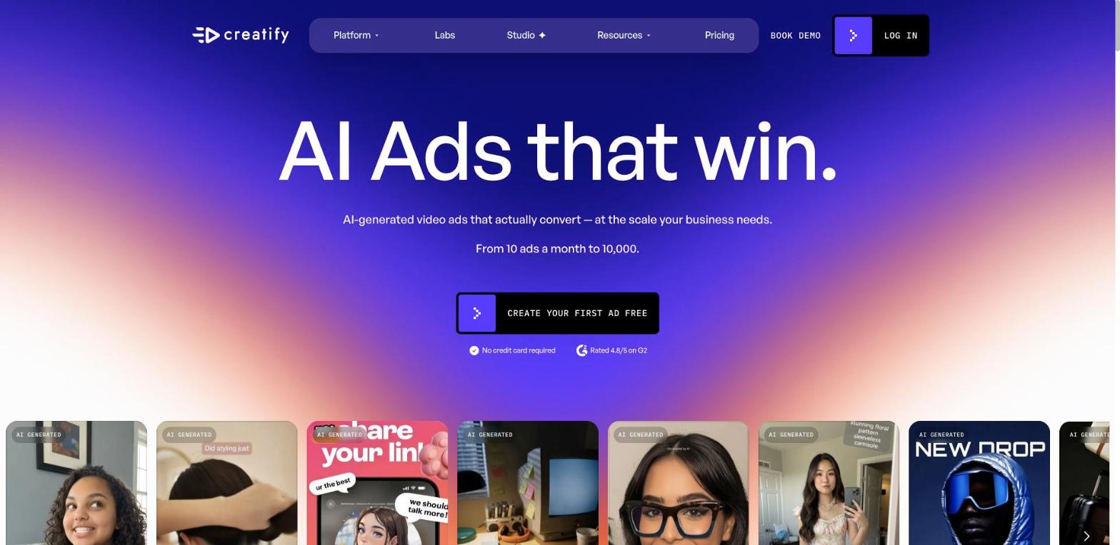 Creatify 公式サイトのトップページ(出典:creatify.ai、2026年10月時点)