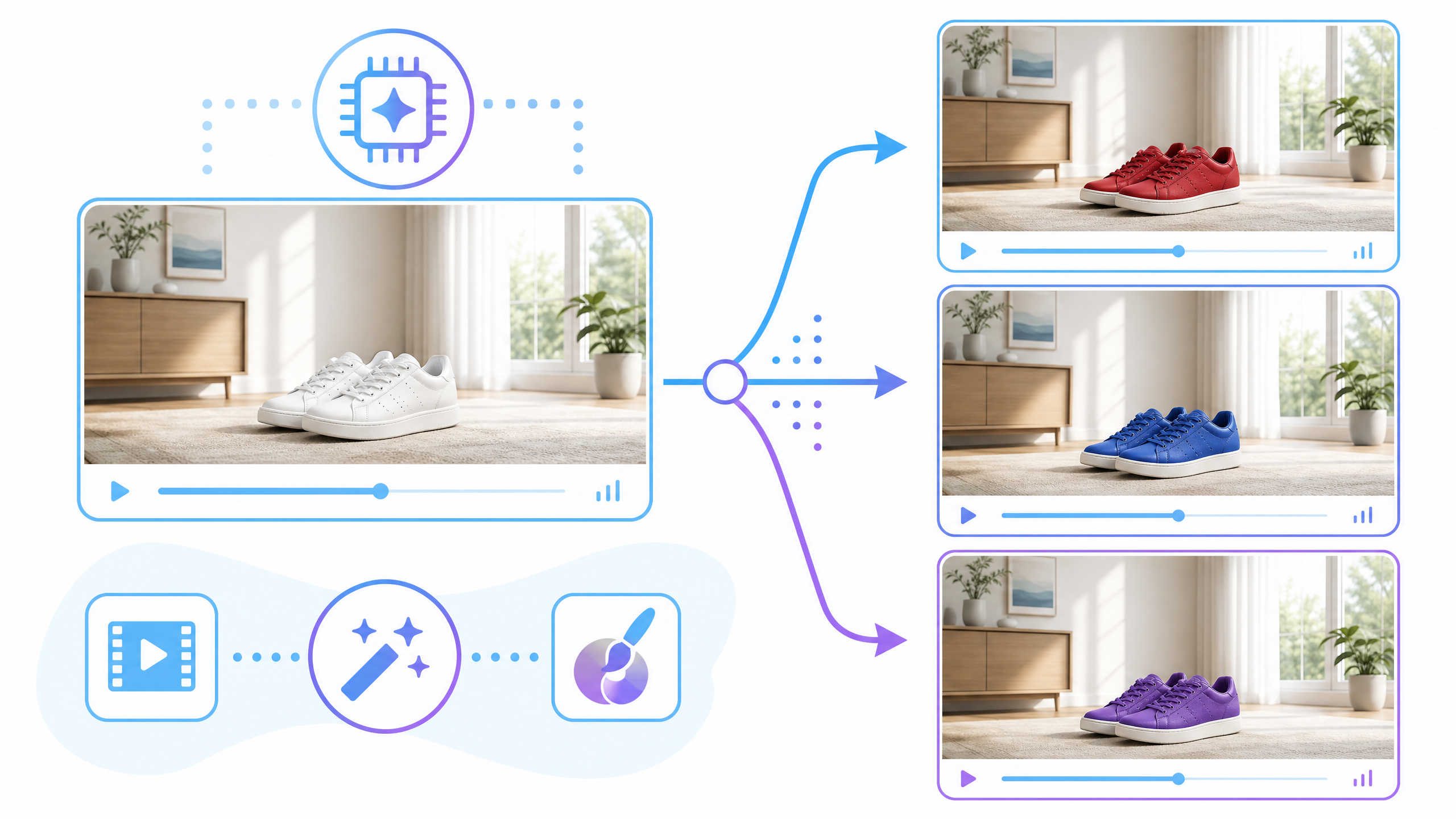 撮影済みの動画から、商品の色だけを変えた別の案を作る使い方の図。左の、白いスニーカーが置かれた部屋の動画から3本の矢印が分かれ、右に、同じ部屋・同じ光・同じ構図のまま、スニーカーの色だけが赤・青・紫に変わった動画が並ぶ