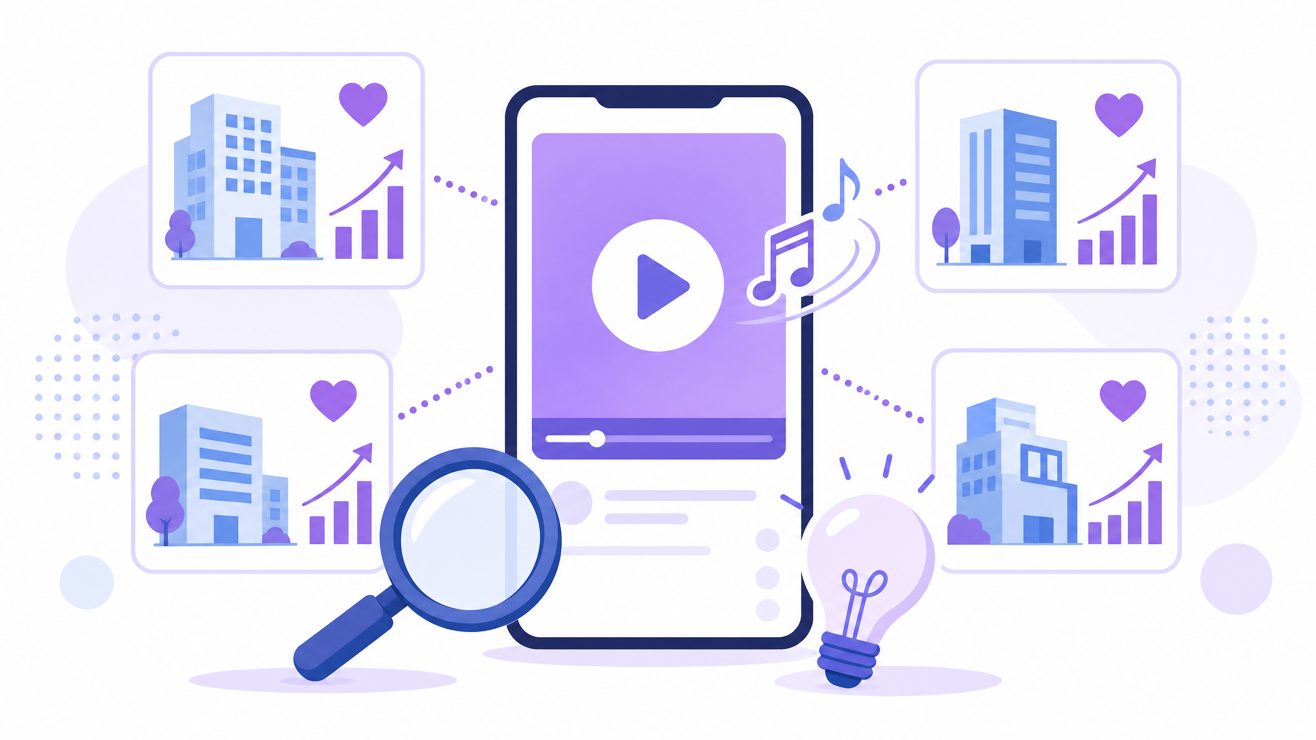 縦型のスマホ画面の動画の周りに、成果が上がった会社を表す建物のカードが並び、虫眼鏡と電球で事例から工夫を見つける様子を表した図解