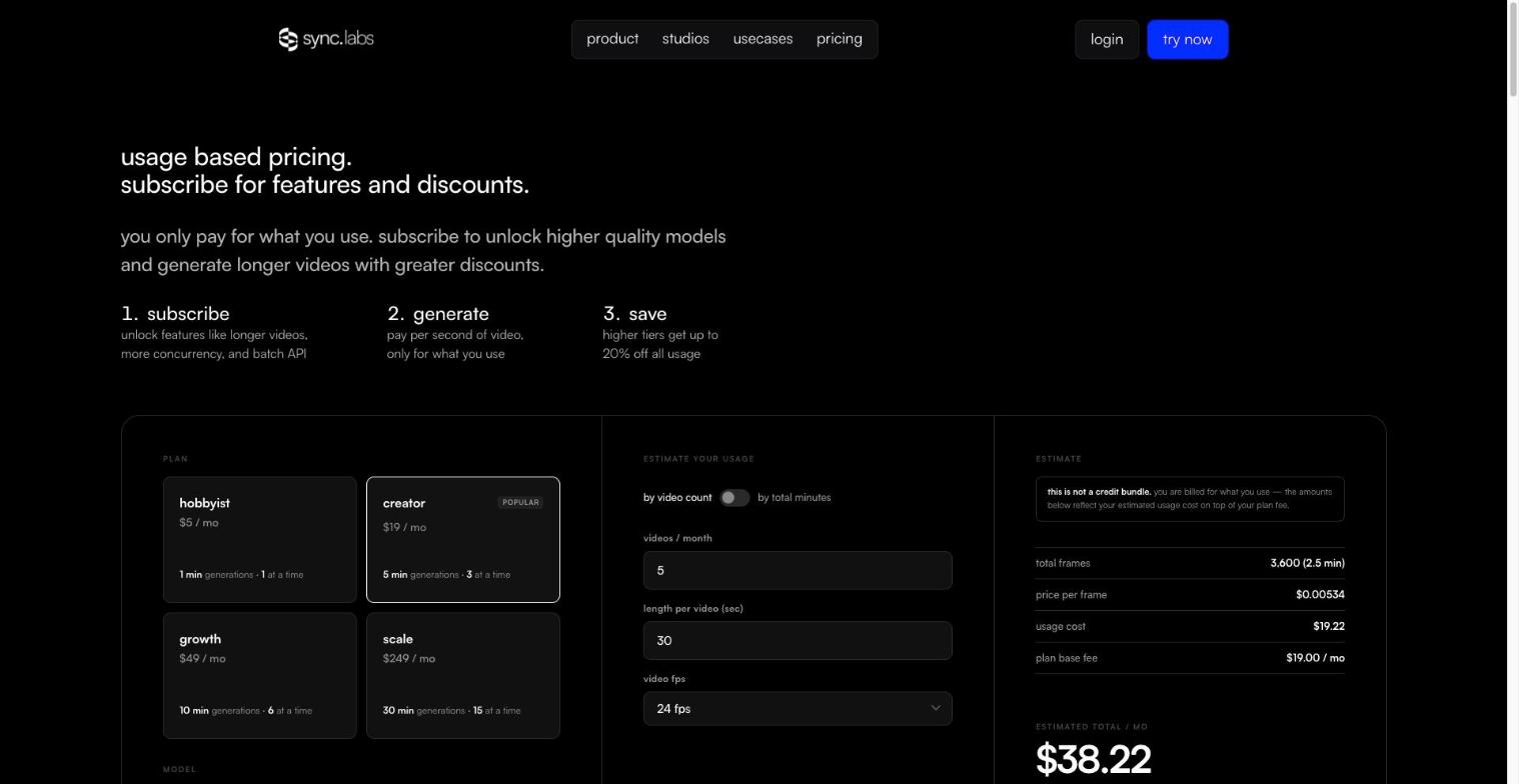 sync. 公式サイトの料金ページ。hobbyist・creator・growth・scaleのプランと、使った分の料金の見積もりが並ぶ(2026年10月時点)