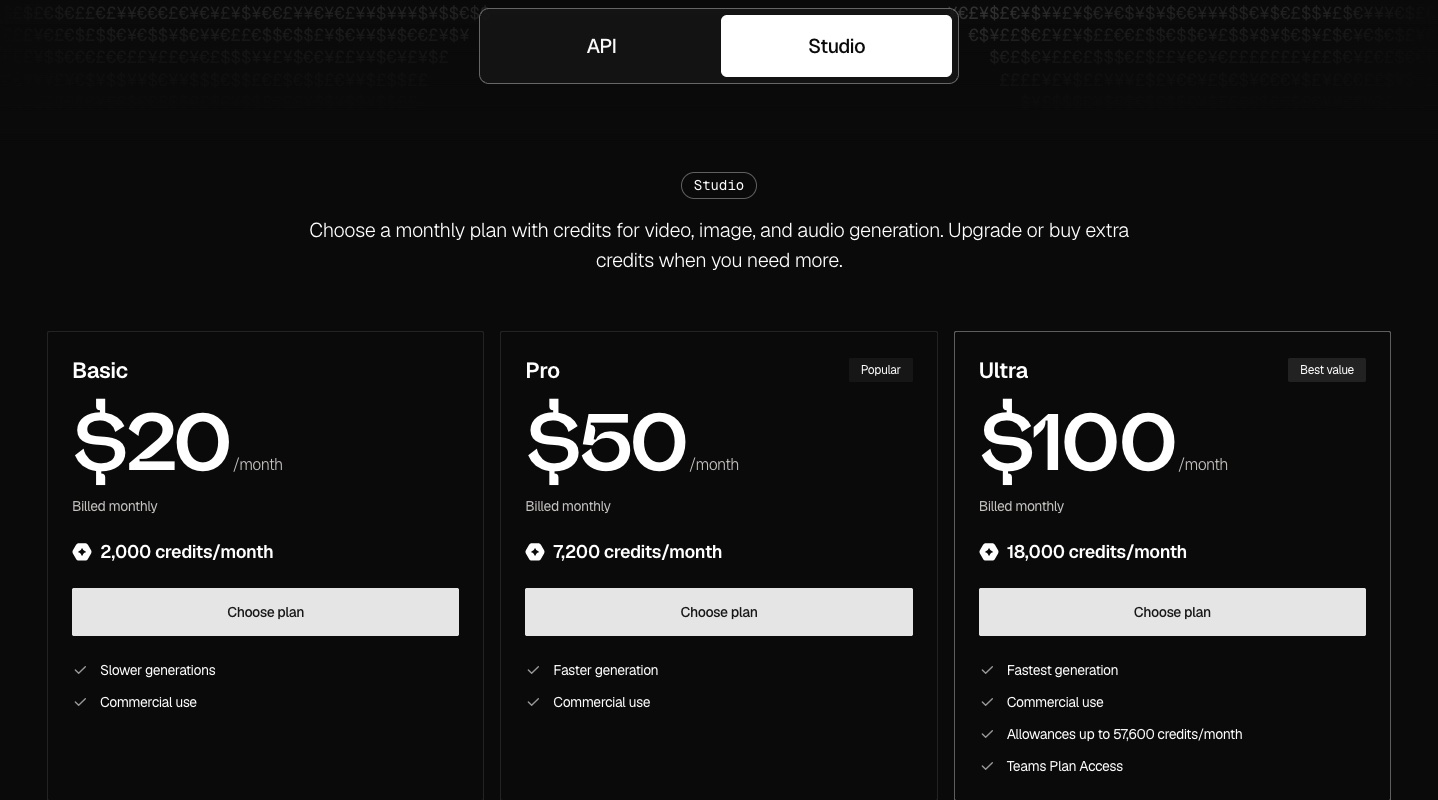 Hedra 公式サイトの料金の部分。Studioの、Basic(月20ドル)、Pro(月50ドル)、Ultra(月100ドル)のプランと、毎月のクレジット、主な特典が並ぶ(2026年10月時点)