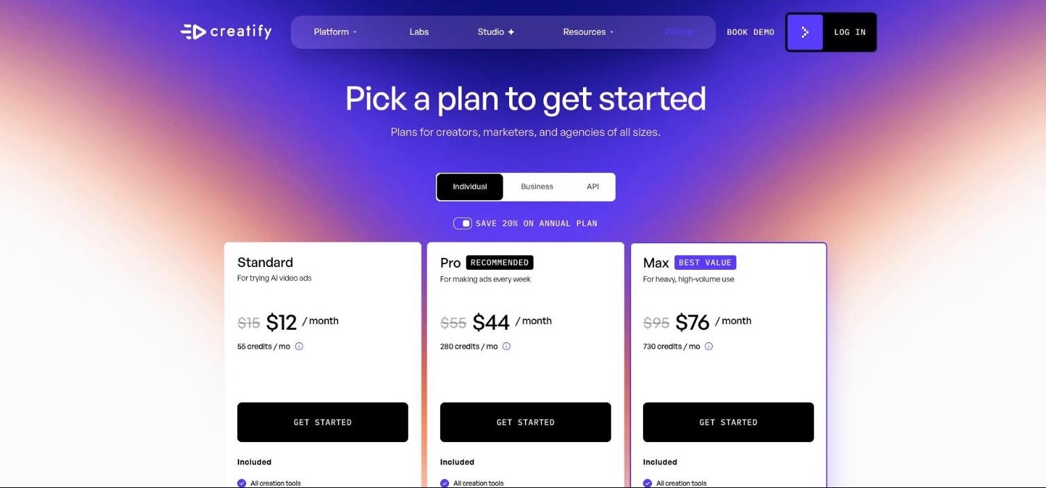 Creatify 公式サイトの料金ページ。Standard・Pro・Maxのプランが並ぶ(2026年10月時点)