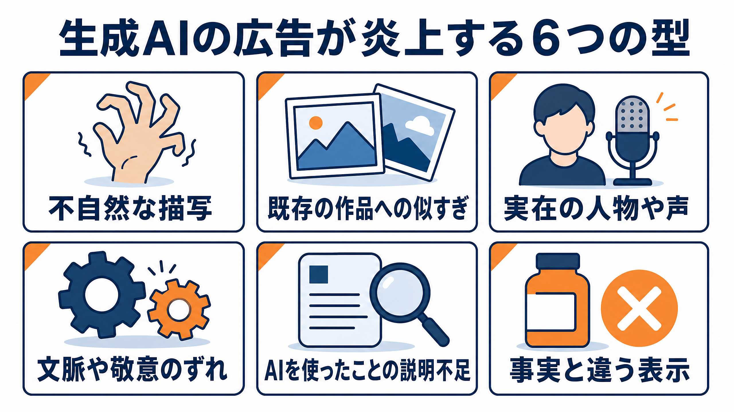 生成AIの広告が炎上する6つの型。不自然な描写、既存の作品への似すぎ、実在の人物や声、文脈や敬意のずれ、AIを使ったことの説明不足、事実と違う表示、の6つのカードが並ぶ