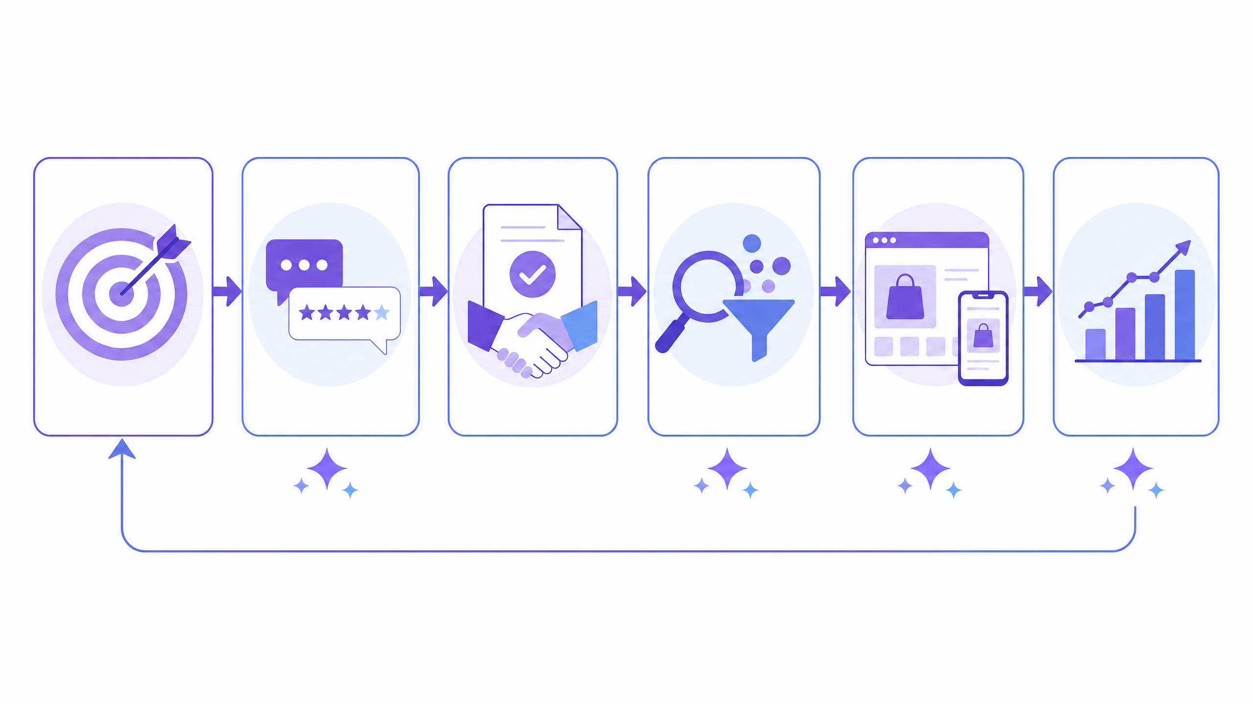 UGCマーケティングの進め方6ステップ。左から、目的と使う場面を決める→UGCを集める→使う許可を取る→使うUGCを選ぶ→売上につながる場所で使う→効果を測る。最後の学びを最初の手順に戻して回す。集める・選ぶ・使う・測るはAIで速くできる