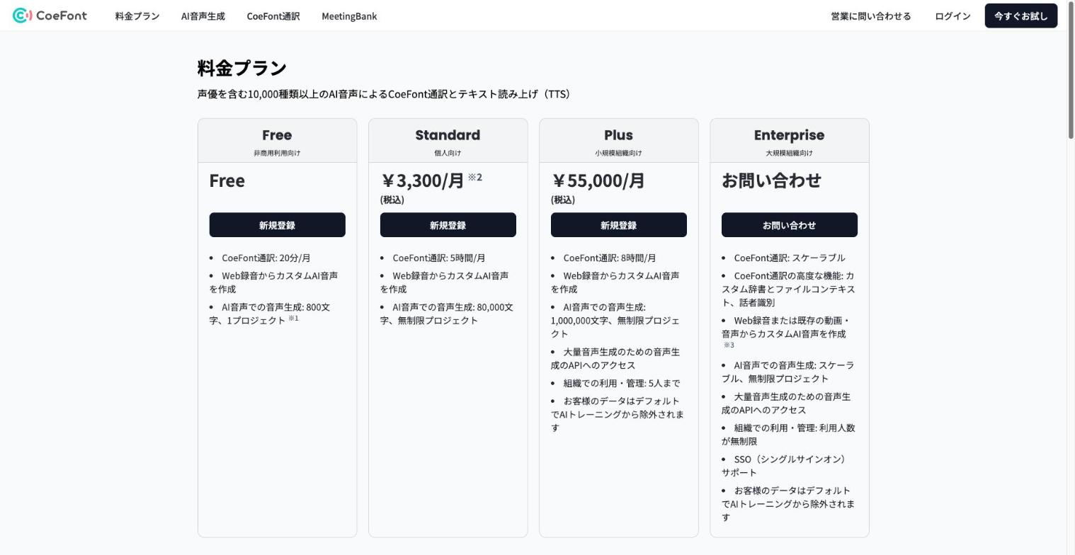 CoeFont 公式サイトの料金プランのページ。Free(非商用利用向け)・Standard・Plus・Enterpriseのプランが並ぶ(2026年10月時点)