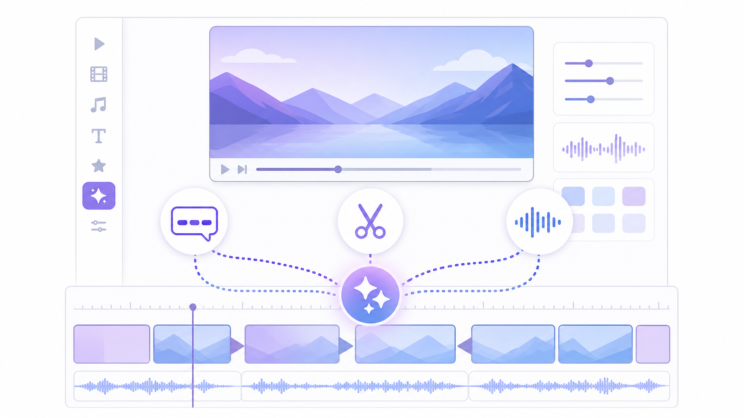 動画編集の画面で、AIが字幕・カット・音声の作業を手伝う様子を表したイラスト