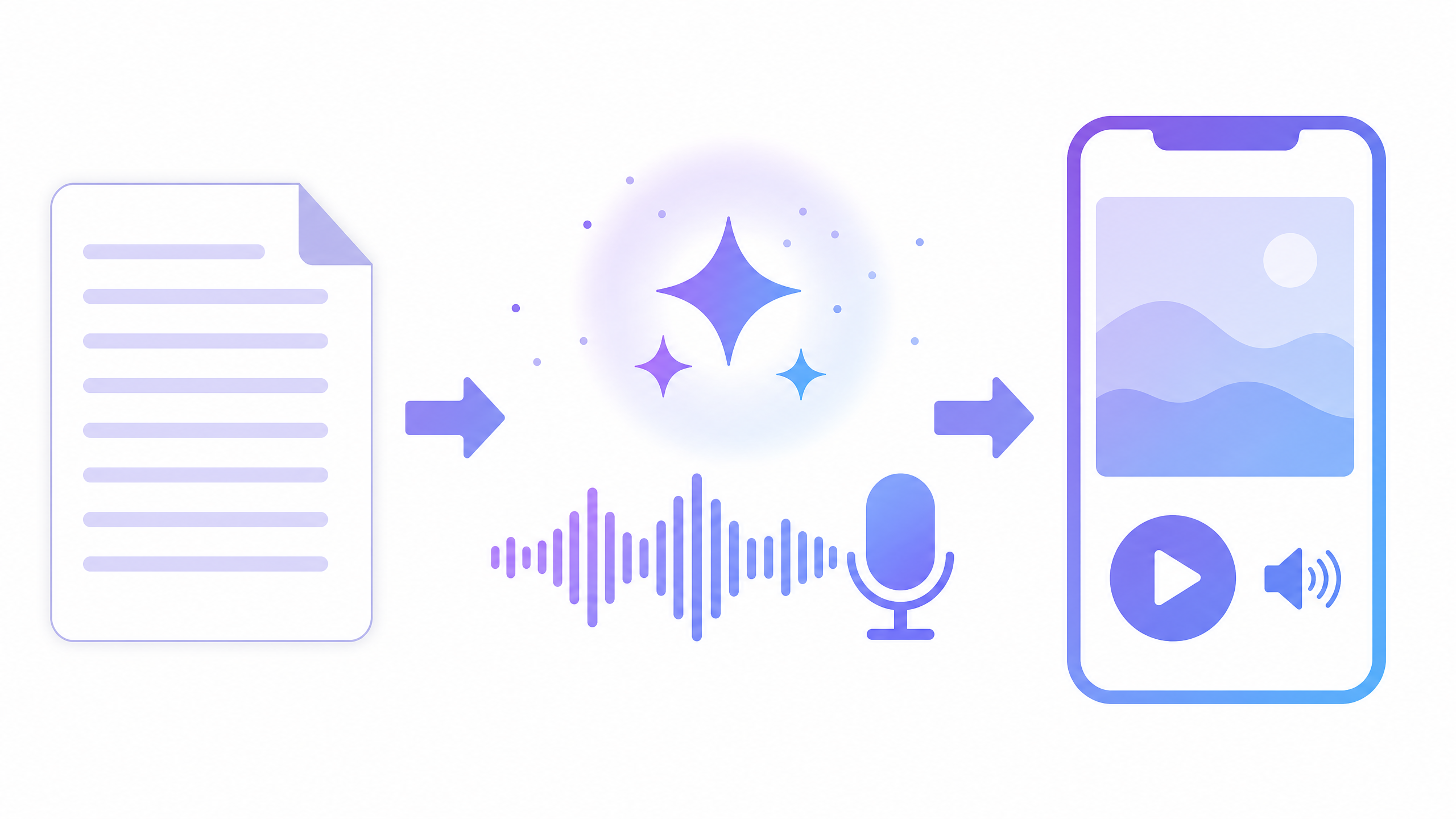 台本の紙が、AIのきらめきとマイク・音声の波形を経て、スマートフォンの動画の音声になる流れを表した図