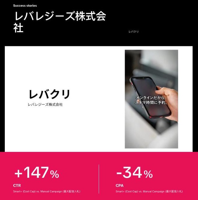レバクリ(レバレジーズ) の導入事例ページ。会社名、広告動画の画面、成果の数字(出典:TikTok for Business(ads.tiktok.com)、2026年10月時点)