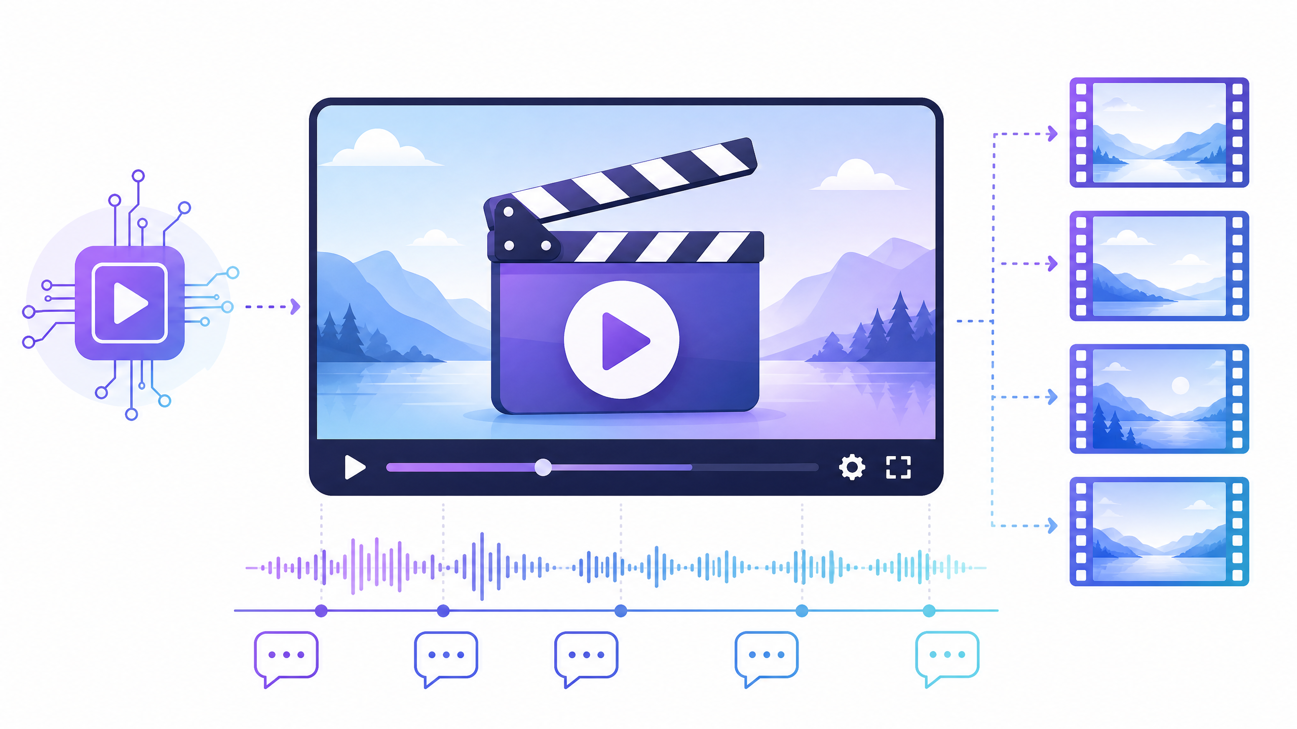 映画のカチンコと再生ボタンのある動画の画面の下に、音声の波形とセリフの吹き出しが並び、横に短いフィルムのコマが並ぶ、Veo3で映像と音声を一緒に作る様子の図