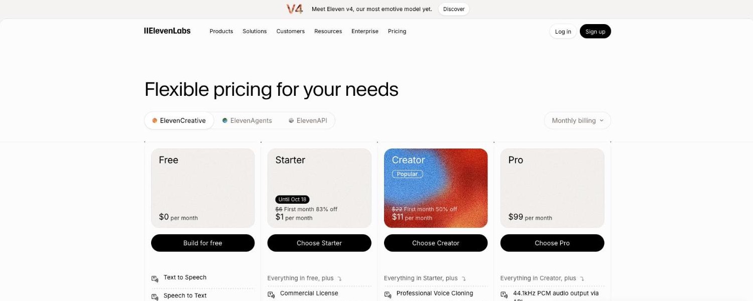 ElevenLabs 公式サイトの料金ページ。Free・Starter・Creator・Proのプランが並び、StarterにCommercial License(商用ライセンス)と書かれている(2026年10月時点)