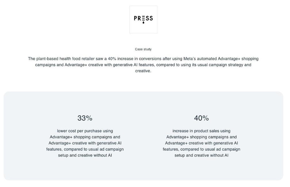 PRESS Healthfoods の成功事例ページ。ロゴ、事例の要約、成果の数字(出典:Meta for Business(facebook.com)、2026年10月時点)
