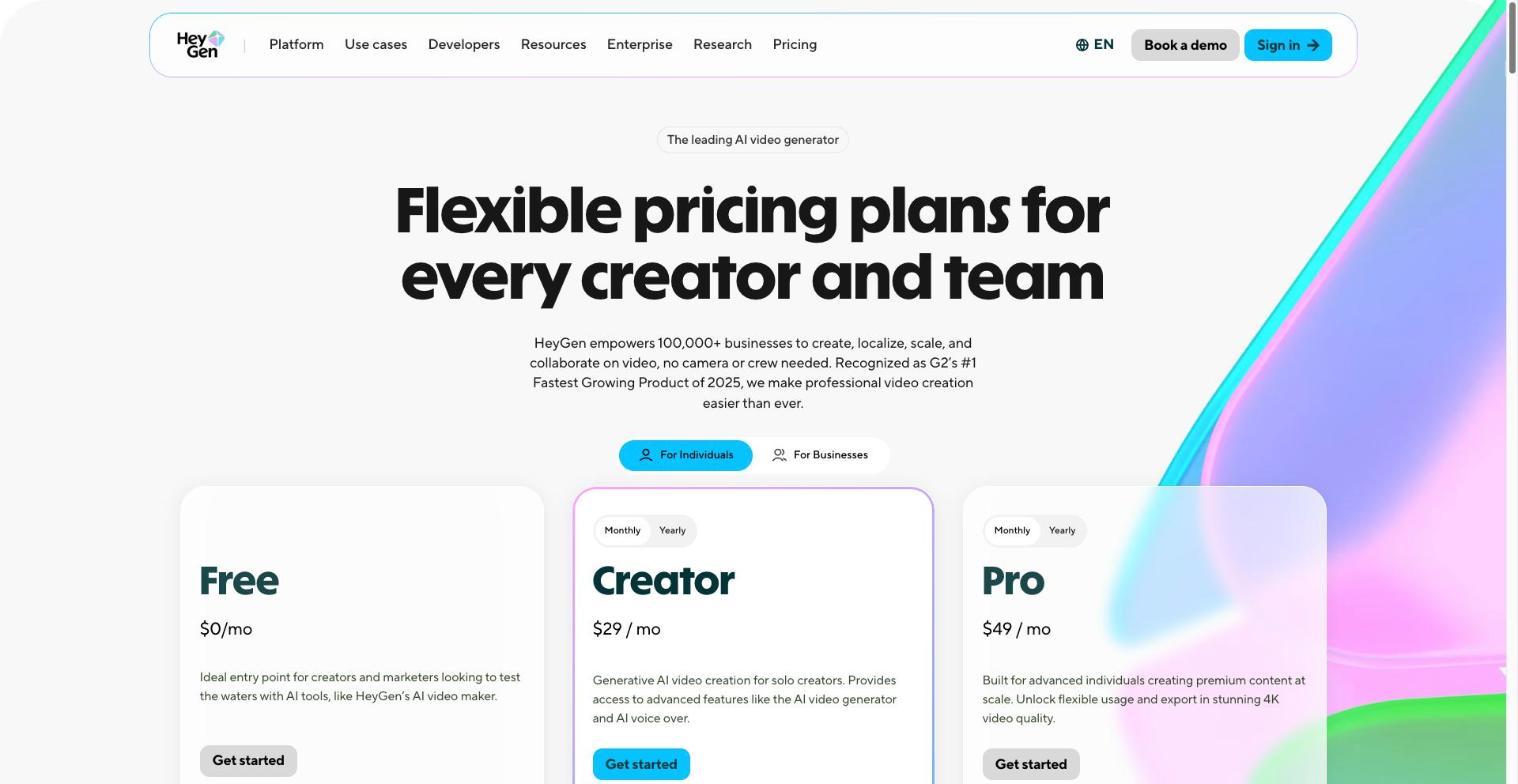 HeyGen 公式サイトの料金ページ。Free・Creator・Proのプランが並ぶ(2026年10月時点)