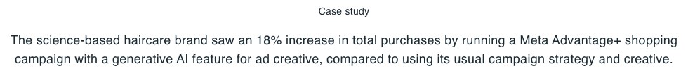 Meta for Businessの公式事例ページ「Living Proof」。生成AIの機能を使った広告で、購入数が18%増えたことが紹介されている(出典:facebook.com/business、2026年10月時点)