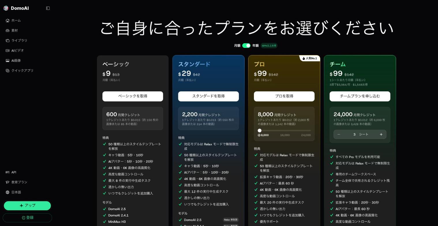 DomoAI 公式サイトの料金ページ。ベーシック・スタンダード・プロ・チームのプランが並ぶ(年払いの表示、2026年10月時点)