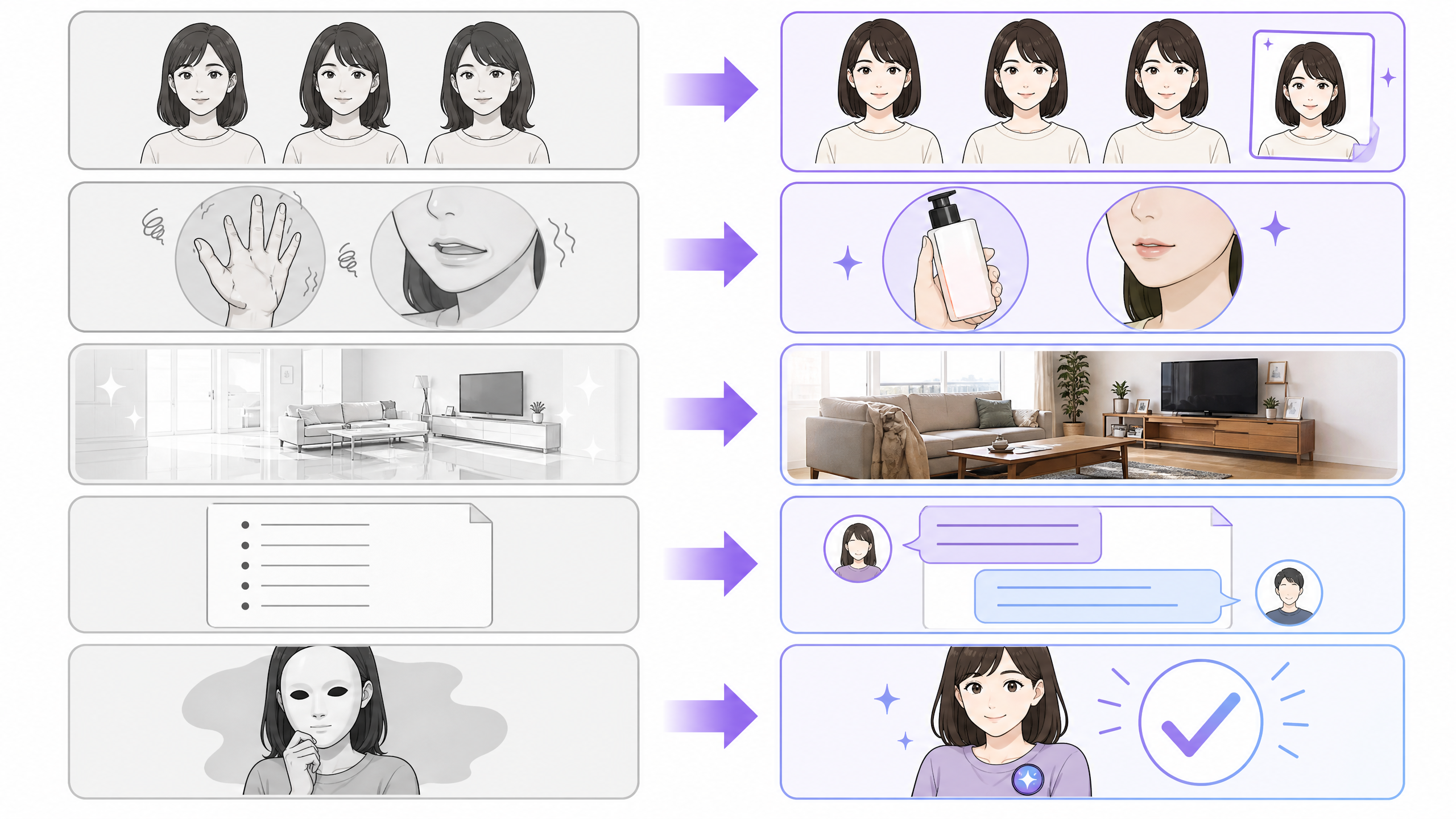 AI動画広告が「AIっぽい」と思われる5つの原因と直し方。上から、登場人物の顔が場面ごとに変わる→参照画像で固定する、手や口元が不自然→商品や手元を中心に映す、映像がきれいすぎる→生活感のある場面にする、台本が箇条書きのよう→会話の言葉で書く、本物の利用者のふりをする→AIで作ったことを示す