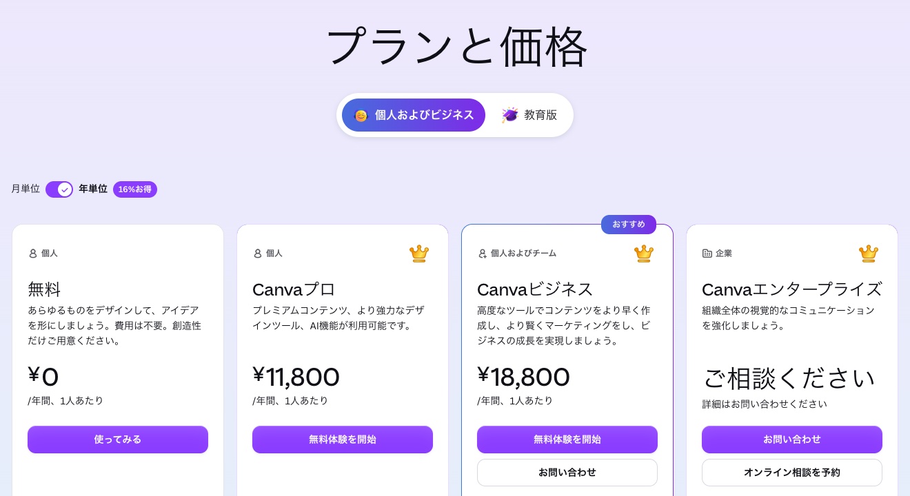 Canva 公式サイトの料金プランのページ(出典:canva.com、2026年10月時点)