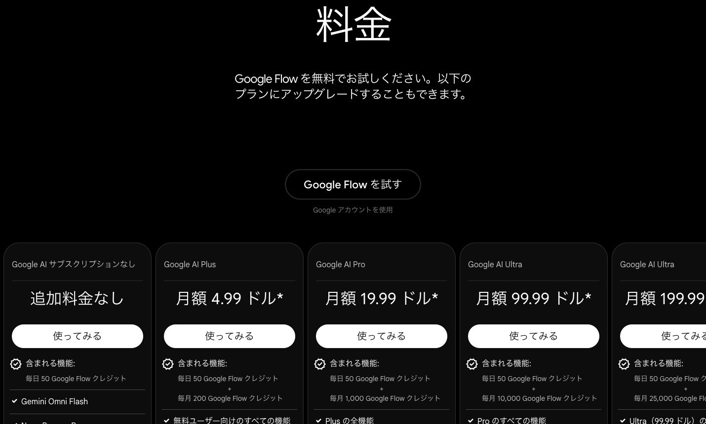 Google Flow 公式サイトの料金の部分。Google AI サブスクリプションなし(追加料金なし)、Google AI Plus、Pro、Ultra のプランと、毎日・毎月のクレジットが並ぶ(ドル表示、2026年10月時点)
