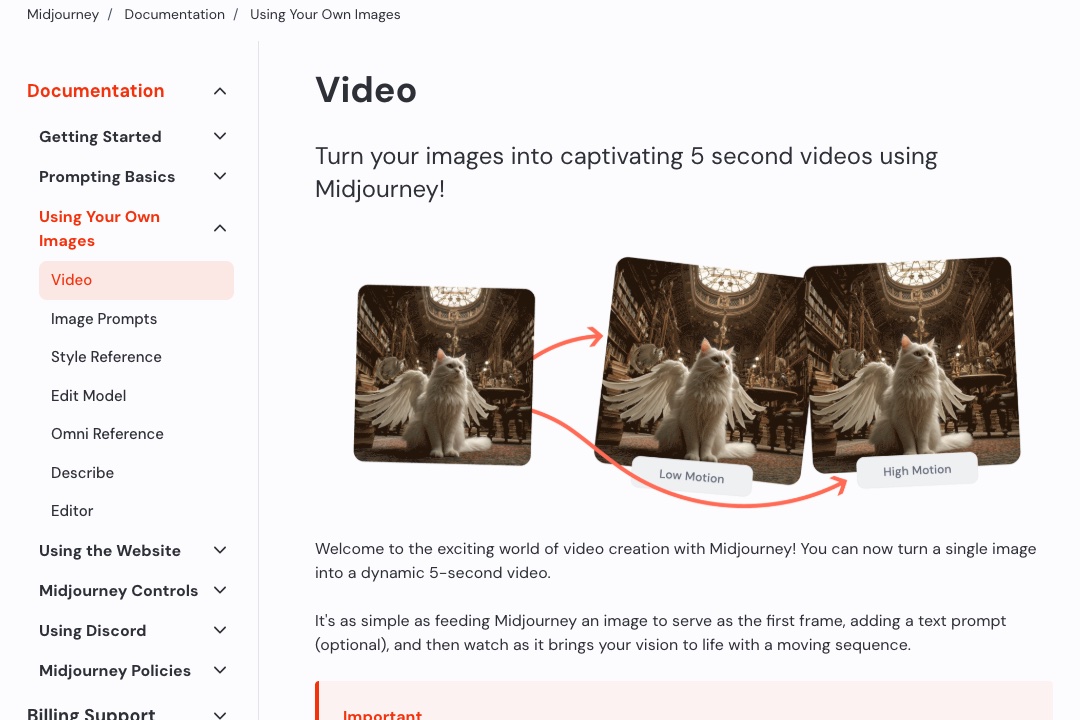 Midjourneyの公式ドキュメントの、動画(Video)のページ(出典:docs.midjourney.com、2026年10月時点)