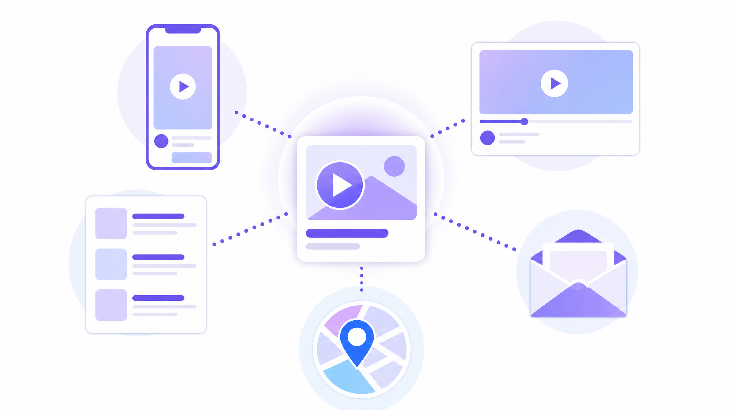 1つの広告から、動画の画面やおすすめ記事、メール、地図などに配信が広がる様子を表したイラスト