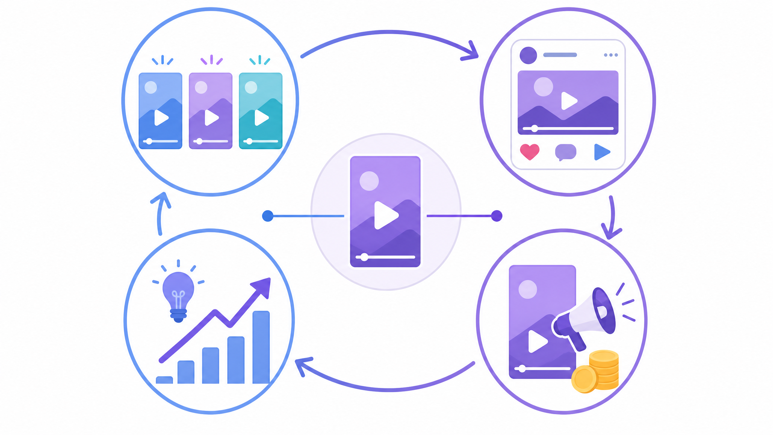 SNS投稿と広告を同じ動画で回す4つの手順。訴求や冒頭を変えた動画を作る、SNSに投稿して反応を見る、反応の良い動画を広告に回す、広告で効いた訴求を次の投稿に活かす、を繰り返す。同じ1本の動画がSNSと広告の両方につながる